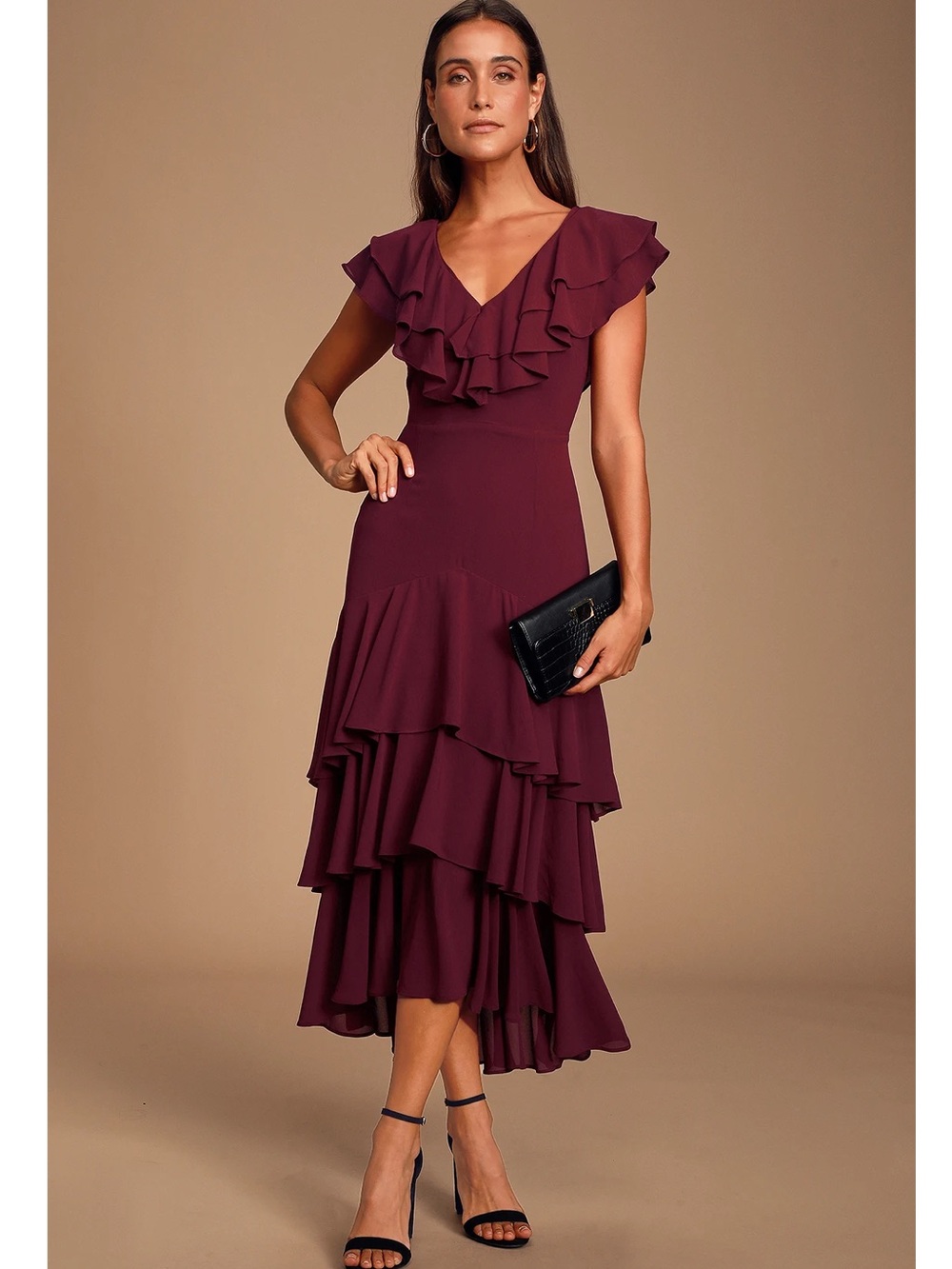 Lulus Betsy Burgundy Ruffled Tiered Chiffon Midi Dress XL NWT Wedding Guest
